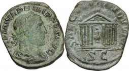 Philip I (244-249). AE Sestertius, 249 AD. Obv. IMP M IVL PHILIPPVS AVG. Laureate, draped and cuirassed bust right. Rev. SAECVLVM NOVVM SC. Hexastyle ...