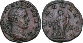 Philip I (244-249). AE Sestertius. Obv. Bust right, laureate, draped, cuirassed. Rev. Annona standing left, holding corn-ears downwards over modius an...