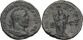Philip I (244-249). AE Sestertius. Obv. Laureate, draped and cuirassed bust right. Rev. Felicitas standing left, holding long caduceus and cornucopiae...
