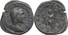 Philip I (244-249). AE Sestertius. Obv. Laureate, draped and cuirassed bust right. Rev. Fides standing left, holding a standard in each hand. RIC IV 1...
