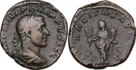 Philip I (244-249). AE Sestertius, Rome mint. Obv. IMP M IVL PHILIPPVS AVG. Laureate, draped and cuirassed bust right. Rev. LIBERALITAS AVGG II SC. Li...
