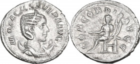 Otacilia Severa, wife of Philip I (244-249). AR Antoninianus, 246-248. Obv. Diademed and draped bust right on crescent. Rev. Concordia seated left, ho...