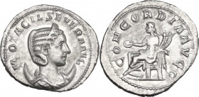 Otacilia Severa, wife of Philip I (244-249). AR Antoninianus, AD 247. Obv. Draped bust right, wearing stephane, set on crescent. Rev. Concordia seated...