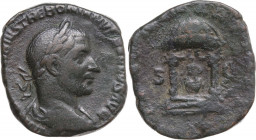 Trebonianus Gallus (251-253). AE Sestertius. Obv. Laureate, draped and cuirassed bust right. Rev. Domed distyle temple containing the statue of Juno. ...