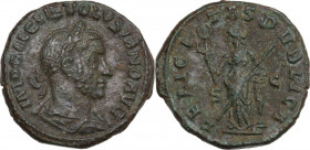 Volusian (251-253). AE As, early AD 253. Obv. Laureate, draped, and cuirassed bust right. Rev. Felicitas standing left, leaning on column, holding cad...