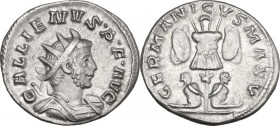 Gallienus (253-268). AR Antoninianus, Lugdunum mint, 258-259. Obv. Radiate, draped and cuirassed bust right. Rev. Trophy; at foot, two seated captives...