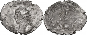 Gallienus (253-268). AR Antoninianus. Cologne mint. Obv. Radiate and cuirassed bust left. Rev. Victory walking right on globe, two captives below. RIC...
