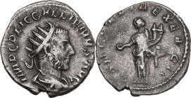 Gallienus (253-268). AR Antoninianus, 254 AD. Obv. Radiate, draped and cuirassed bust right. Rev. Concordia standing left, holding patera and double c...