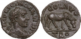 Gallienus (253-268). AE 21.5 mm. Alexandria Troas mint, Troas. Obv. IMP P LICIN GALLIENV. Laureate, draped and cuirassed bust right. Rev. COL AVGO. Ho...