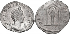 Salonina, wife of Gallienus (died 268 AD). AR Antoninianus, Lugdunum mint, 258 AD. Obv. Diademed and draped bust right, on crescent. Rev. Tetrastyle t...