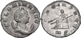 Salonina, wife of Gallienus (died 268 AD). AR Antoninianus, Mediolanum mint, 260-268. Obv. Diademed and draped bust right, on crescent. Rev. Empress s...