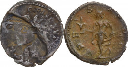 AE Antoninianus (?). Obv. Radiate head overstruck with an incuse impression of another die. Rev. Spes standing left, holding flower and raising skirt....