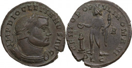 Diocletian (284-305). AE Follis, Lugdunum mint, 301-303. Obv. Laureate and cuirassed bust right. Rev. Genius standing left, wearing modius on head and...