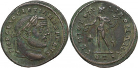 Diocletian (284-305). AE Follis, Ticinum mint, 298-299. Obv. Laureate head right. Rev. Genius standing left, wearing modius on head and chlamys over l...