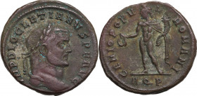 Diocletian (284-305). AE Follis, Aquileia mint, 296 AD. Obv. Laureate head right. Rev. Genius standing left, wearing modius on head and chlamys over l...