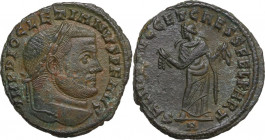 Diocletian (284-305). AE Follis, Carthage mint, 299-303. Obv. Laureate head right. Rev. Carthage standing left, holding fruits in both hands. RIC VI 3...
