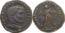 Diocletian (284-305). AE Follis, Carthage mint, 299-303. Obv. Laureate head right. Rev. Carthage standing left, holding fruits in both hands. RIC VI 3...