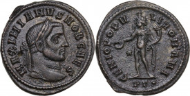 Galerius (305-311). AE Follis, 308-310 AD. Ticinum mint. Obv. Laureate head right. Rev. Genius standing facing, nude, head left, holding patera and co...