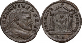 Maxentius (306-312). AE Follis, Rome mint, 307 AD. Obv. Laureate head right. Rev. Hexastyle temple containing the statue of Roma seated left, holding ...