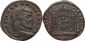 Maxentius (306-312). AE Follis, Rome mint, 307-308. Obv. Laureate head right. Rev. Hexastyle temple containing the statue of Roma seated left, holding...