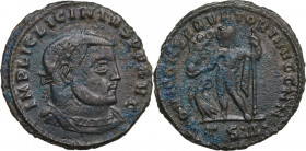 Licinius I (308-324). AE Follis, Thessalonica mint, 312-313. Obv. Laureate and cuirassed bust right. Rev. Jupiter standing left, holding Victory on gl...
