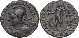 Licinius I (308-324). AE 16 mm, Nicomedia mint, 321-324. Obv. Helmeted and cuirassed bust left, holding spear and shield. Rev. Jupiter standing left, ...