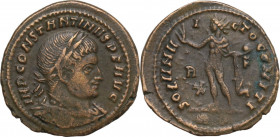 Constantine I (307-337). AE Follis. Rome mint, c. 314-315. Obv. Bust right. Rev. Sol standing left. RIC VI 27. AE. 3.60 g. 22.00 mm. Scarce. Good VF.