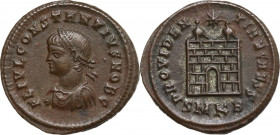 Constantius II as Caesar (324-337). AE Follis, Siscia mint. Obv. Laureate, draped and cuirassed bust left. Rev. Camp gate with two turrets, no doors, ...