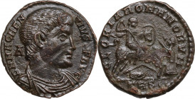 Magnentius (350-353). AE 22 mm, Treveri mint, 350-353 AD. Obv. Drapped and cuirassed bust right, headbare; A behind bust. Rev. Emperor galloping right...
