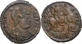 Magnentius (350-353). AE Centenionalis. Lugdunum (Lyons) mint. Obv. Bare-headed, draped and cuirassed bust right; A behind. Rev. Magnentius on horseba...