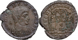 Decentius Caesar (351-353). AE Centenionalis. Arelate (Arles) mint, 351-352. Obv. Bareheaded and cuirassed bust right; A to left. Rev. Two Victories s...