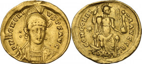 Honorius (393-423). AV Solidus. Constantinople mint, 408-420 AD. Obv. DN HONORI-VS PF AVG. Pearl-diademed helmeted and cuirassed bust facing slightly ...