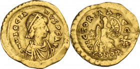 Marcian (450-457). AV Semissis, Constantinople mint. Obv. Diademed, draped and cuirassed bust right. Rev. Victory seated right on cuirass, holding shi...