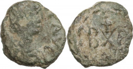 Ostrogothic Italy, Baduila (541-552). AE Nummus (or 2 1/2 Nummi). Pseudo-Imperial Coinage. In the name of Anastasius, Ticinum mint. Obv. Diademed, dra...