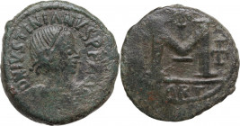 Justinian I (527-565). AE Follis, Carthage mint, 534-539. Obv. Diademed and draped bust right. Rev. Large M (mark of value). D.O. 284; MIB 185; Sear 2...