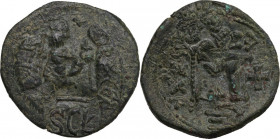 Heraclius, with Heraclius Constantine (610-641). AE Follis countermarked on Follis of Heraclius and Heraclius Constantine of Constantinople. Syracuse ...