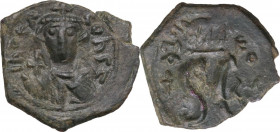 Constans II (641-668). AE Follis, Syracuse mint. Obv. Crowned and draped bust facing, holding globus cruciger. Rev. Large m (mark of value) and mint m...