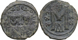 Leo III the 'Isaurian', with Constantine V (717-741). AE Follis, Constantinople mint. Obv. Crowned busts of Leo and Constantine facing, each wearing c...