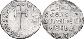 Leo IV the Khazar, with Constantine VI (775-780). AR Miliaresion. Constantinople mint. Obv. Cross potent set on three steps. Rev. LЄOҺ/ S COhSτ/ AҺτIҺ...