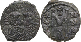 Michael II the Amorian, with Theophilus (820-829). AE Follis, Constantinople mint. Obv. Busts of Michael and Theophilus facing, side by side. Rev. Lar...
