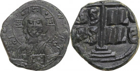 Anonymous, temp. Romanus III (circa 1028-1034). AE Follis. Constantinople mint. Obv. Nimbate bust of Christ facing, holding book of Gospels; IC in lef...