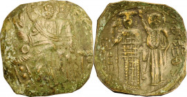 Manuel I Comnenus (1143-1180). Debased AV Aspron Trachy, Constantinople mint, 1143-1180. Obv. Christ Pantokrator enthroned facing, cross-nimbed, raisi...