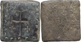 AE square coin weight, c. 4th-6th century AD. (Weight of 3 Nomismata?). Obv. Cross between two small crosses. Rev. Blank. Cf. Bendall 96. AE. 15.23 g....