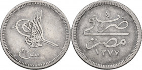 Ottoman Empire. Abdul Aziz (1277-1293 AH / 1861-1876 AD). AR 2 ½ Qirsh, Misr (Egypt) mint, 1277 AH, RY 4 (1863). D/ Toughra and value. R/ Mint name an...
