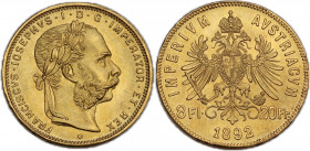 Austria. Franz Joseph (1848-1916). 8 Florins or 20 Francs 1892. Restrike. KM 2269; Fried. 502R. AV. 6.47 g. 21.00 mm. MS.