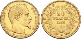 France. Napoleon III (1852-1870). 20 francs 1859 BB, Strasbourg mint. Gad. 1061; Fried. 574. AV. 6.37 g. 21.00 mm. VF+.