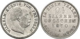 Germany. Prussia. Wilhelm I (1861-1888). AR 2 1/2 Groschen, Berlin mint, 1870. KM 486. AR. 3.21 g. 21.00 mm. Lightly toned. AU/MS.