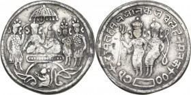 India. Temple Tokens (c. 1792-1850). AR Ramatanka, pseudo-dated '1700'. Obv. Rama and and his consort Siva seated on Durbar platform; attendant holdin...