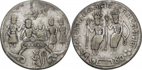 India. Temple Tokens (c. 1792-1850). AR coated Ramatanka. Obv. Rama and and his consort Siva seated on Durbar platform; attendant holding parasol to l...