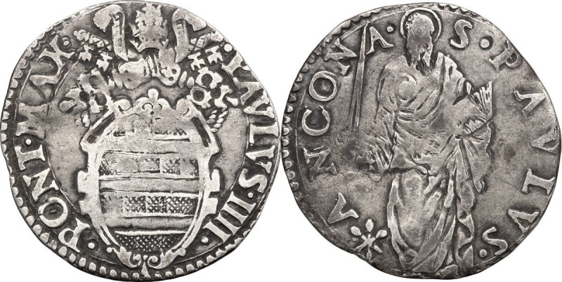 Italy. Paul IV (1555-1559) Giampietro Carafa. AR Giulio, Ancona mint. Berm. 1046...